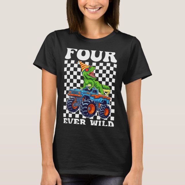 Kids Four Ever Wild Dinosaur Monster Truck 4th Bir T-Shirt (Vorderseite)