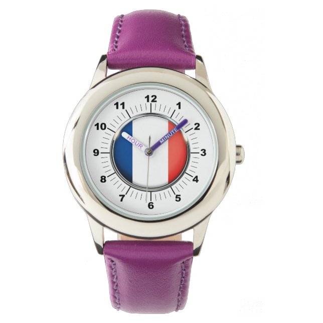 Kid's France Flag Stainless Steel Lila Ribb Armbanduhr (Vorderseite)