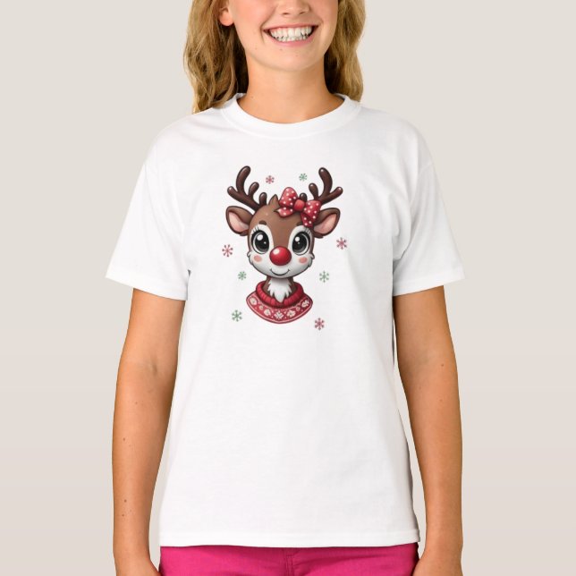 Kids Girl Cute Reindeer PersonalizedT-Shirt  T-Shirt (Vorderseite)