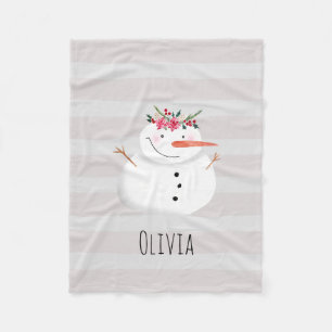 Kids Girly Christmas Blume Snowman und Name Fleecedecke