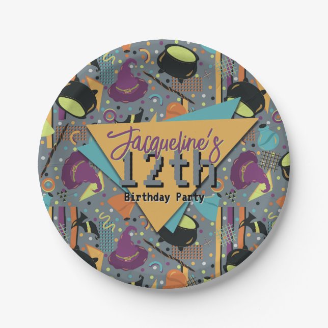 Kids Gray Retro Witchy Halloween Geburtstag Pappteller (Vorderseite)