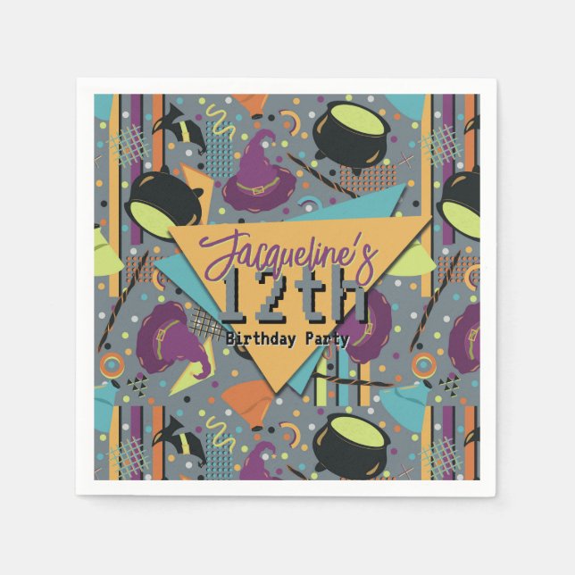 Kids Gray Retro Witchy Halloween Geburtstag Serviette (Vorderseite)