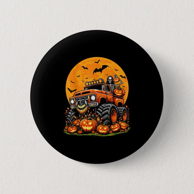 Kids Halloween Monster Truck Skeleton Pumpkin Boys Button (Vorderseite)