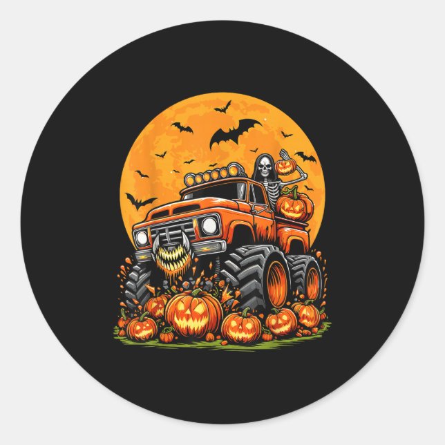 Kids Halloween Monster Truck Skeleton Pumpkin Boys Runder Aufkleber (Vorderseite)
