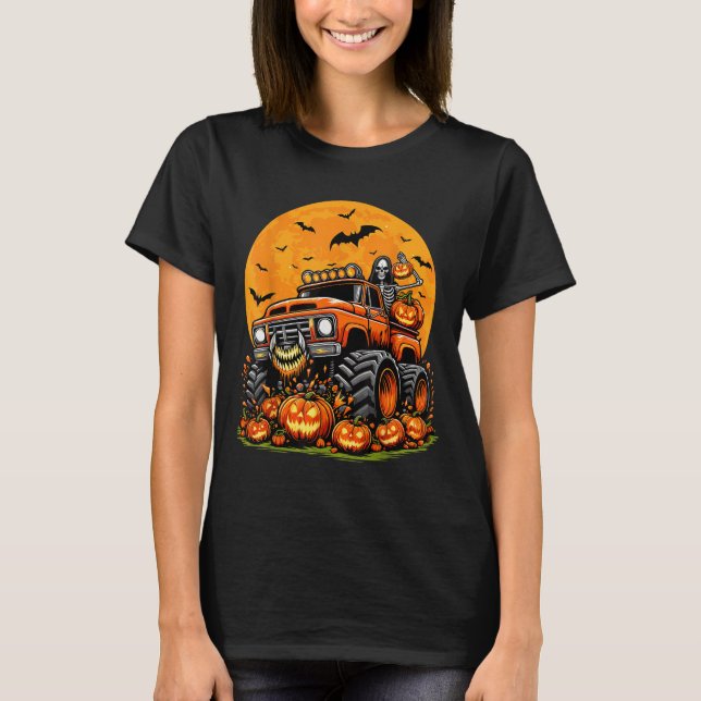 Kids Halloween Monster Truck Skeleton Pumpkin Boys T-Shirt (Vorderseite)