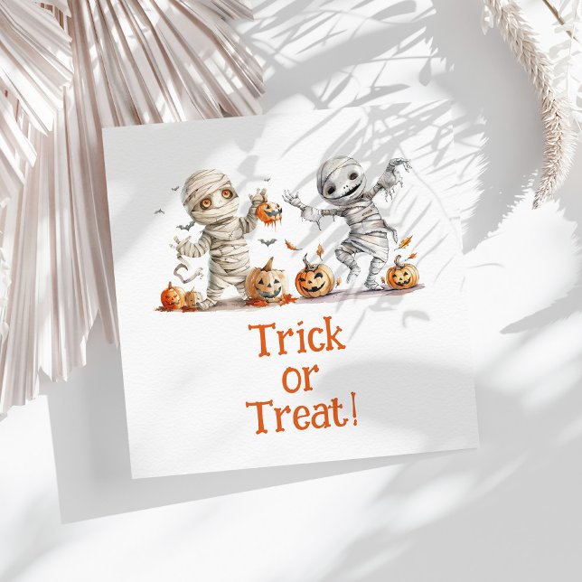 Kids Halloween Mummy Pumpkins Party Napkins Serviette (Kids' Halloween Mummy Pumpkins Party Napkins on a sunny white table.)