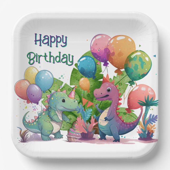 Kids Happy Dino Birthday Pappteller (Vorderseite)