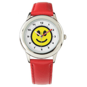 Kid's Happy Face Red Leather Strap Watch Armbanduhr