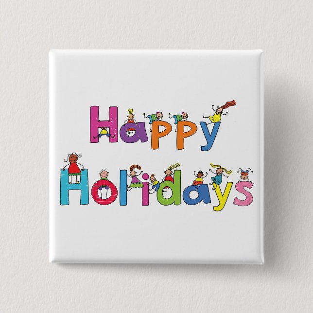 Kids Happy Holidays Stick Figure Typography Button (Vorderseite)