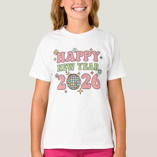 Kids Happy New Year 2026 Disco Ball T-Shirt  (Vorderseite)