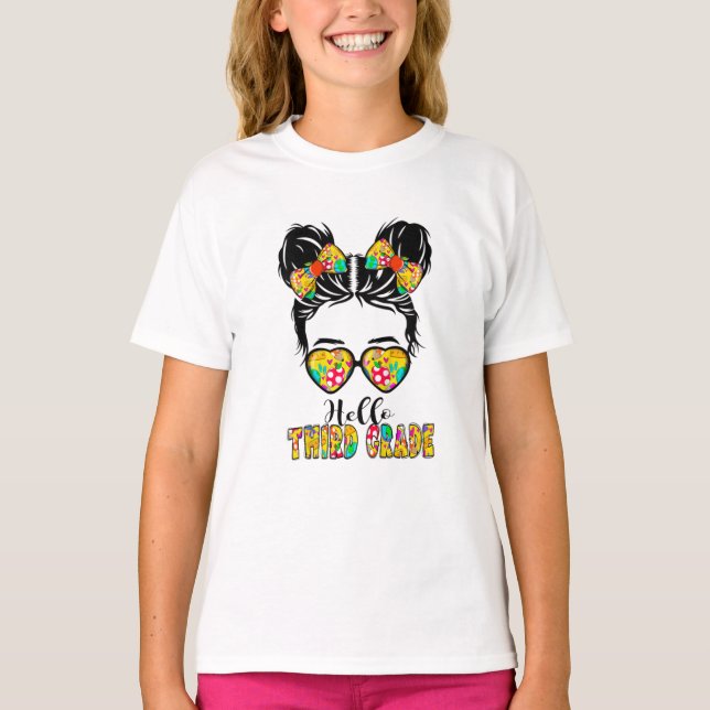 Kids Hello Third Grade Messy Bow Girls 3. Klasse  T-Shirt (Vorderseite)