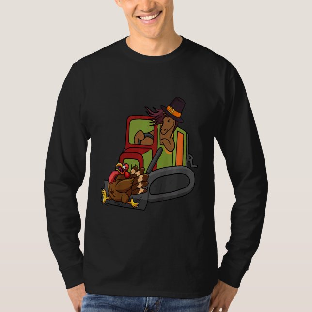 Kids Horse Riding Bulldozer Turkey Thanksgiving Da T-Shirt (Vorderseite)