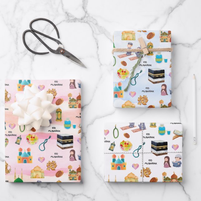 Kids Islamic Gift Wrap – Colourful Eid & Ramadan Geschenkpapier Set (Vorderseite)