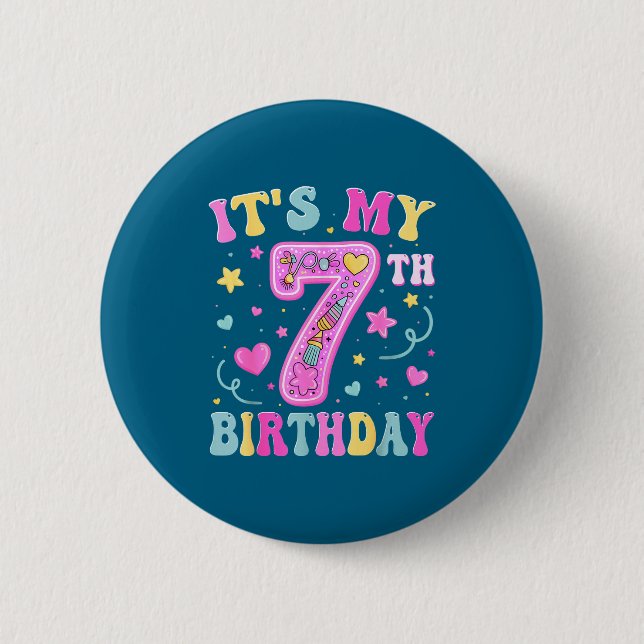 Kids It's My 7th Birthday Girl 7 Seven Happy Birth Button (Vorderseite)