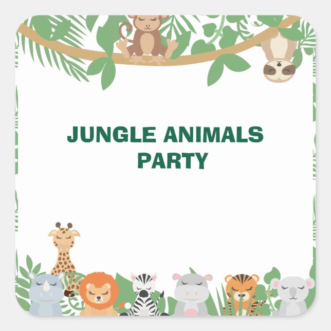 Kids Jungle Animes Party Square Sticker (Vorderseite)