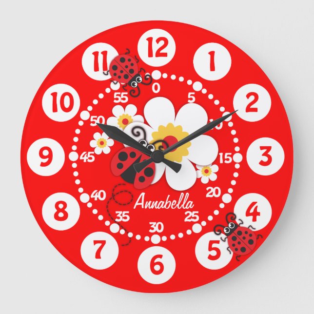Kids Ladybug & Blume helle rote Wanduhr (Vorderseite)