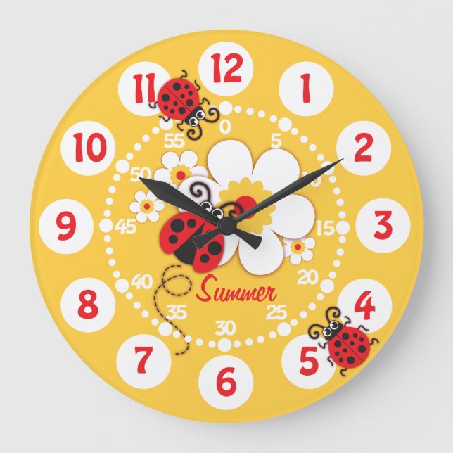 Kids ladybug & flower cute yellow girls wall clock große wanduhr (Vorderseite)