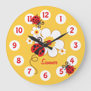 Kids ladybug & flower cute yellow girls wall clock große wanduhr