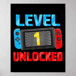 Kids Level 1 freigeschaltet Gamer 1. Geburtstagsge Poster