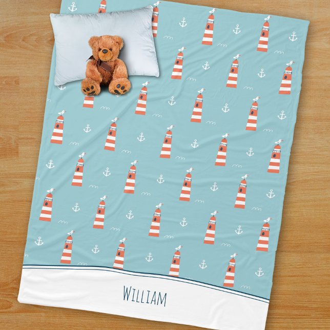 Kids Lighthouse and Anchor Pattern on Blue Fleecedecke (Von Creator hochgeladen)