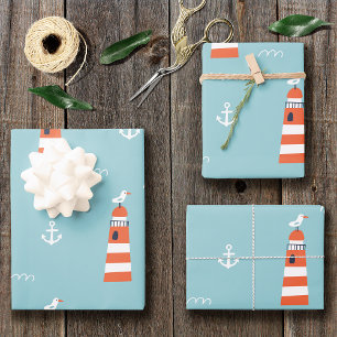 Kids Lighthouse and Anchor Pattern on Blue Geschenkpapier Set