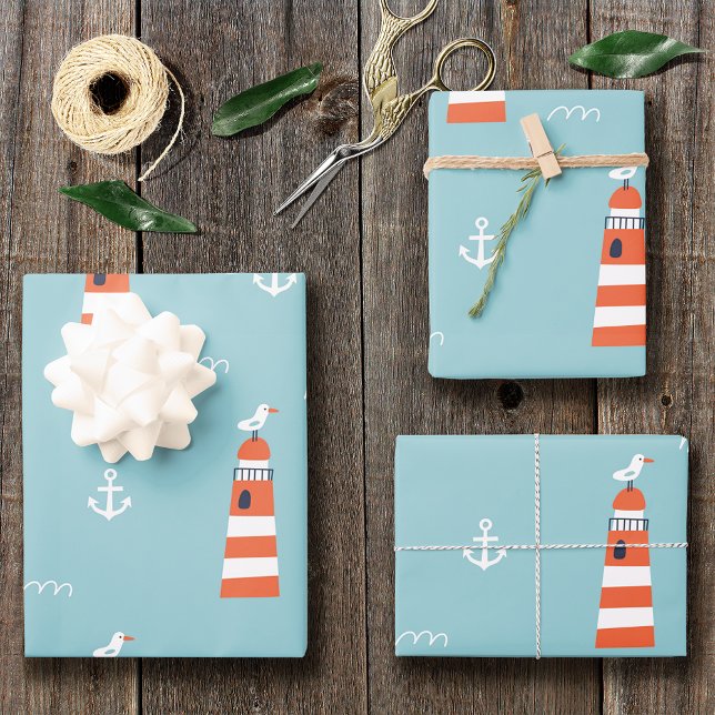 Kids Lighthouse and Anchor Pattern on Blue Geschenkpapier Set (Von Creator hochgeladen)