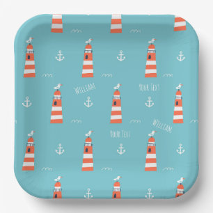 Kids Lighthouse and Anchor Pattern on Blue Pappteller