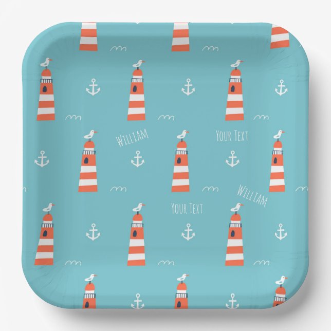 Kids Lighthouse and Anchor Pattern on Blue Pappteller (Vorderseite)