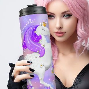 Kids Lila Candy Floss Einhorn mit Blume Therme Thermosbecher