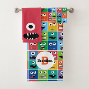 Kids Monster-Gesichtspattern farbenfrohe Monogramm Badhandtuch Set