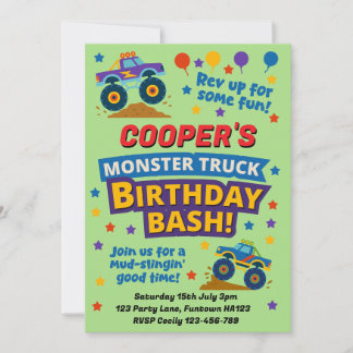 Kids Monster Truck Birthday Party Green  Einladung