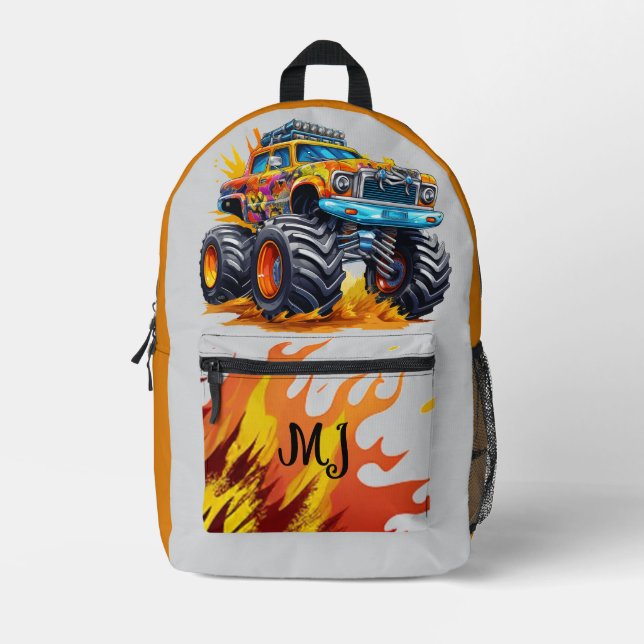 Kids Monster Truck mit Orange Flames Initialen Bedruckter Rucksack (Vorderseite)