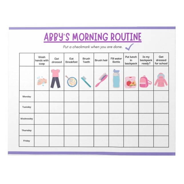 Kids Morning Routine Checklist with Cute Icons Notizblock (Vorderseite)
