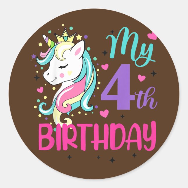 Kids My 4th Birthday Cute Unicorn Lover Birthday Runder Aufkleber (Vorderseite)
