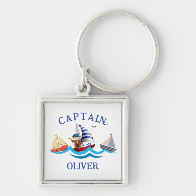Kids Nautical BootCaptain Personalisiert Schlüsselanhänger (Vorne)