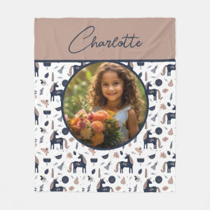 Kids Navy Beige Unicorn Custom Foto mit Name Fleecedecke