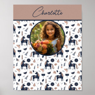 Kids Navy Beige Unicorn Custom Foto mit Name Poster