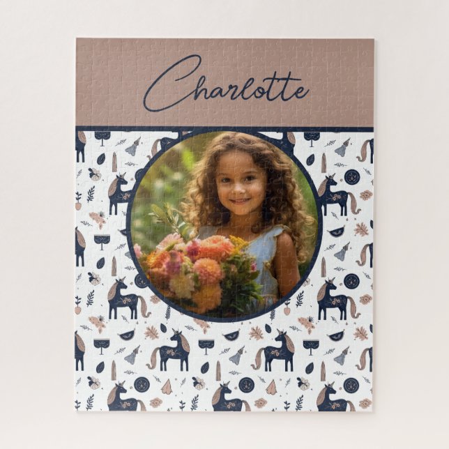 Kids Navy Beige Unicorn Custom Foto mit Name Puzzle (Vertikal)