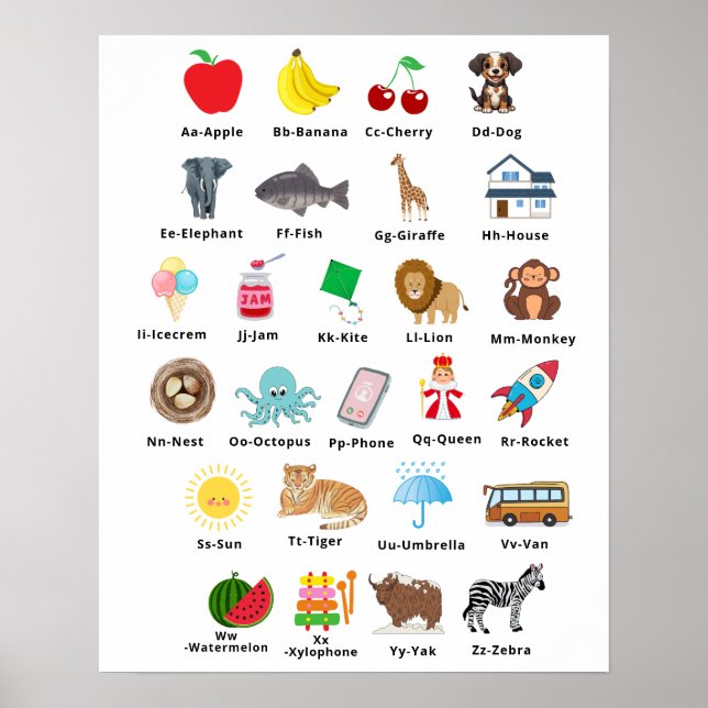 Kids Niedlich Alphabet ABC Lernen Kinderzimmer Dek Poster (Vorne)