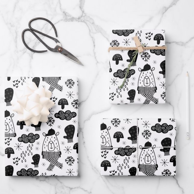Kids Niedlich Winterbär Hat Mitten Schneekonwolke  Geschenkpapier Set (Vorderseite)