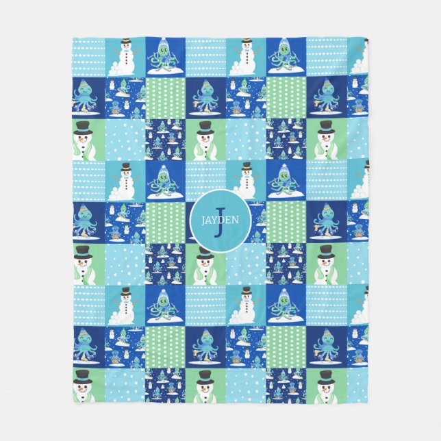 Kids Octopus Winter Sports Patchwork Personalisier Fleecedecke (Vorderseite)
