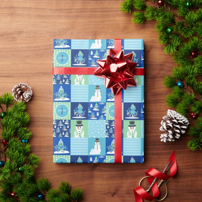 Kids Octopus Winter Sports Patchwork Personalisier Geschenkpapier (Feiertagsgeschenk)