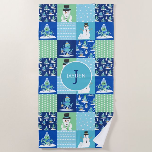 Kids Octopus Winter Sports Patchwork Personalisier Strandtuch (Vorderseite)