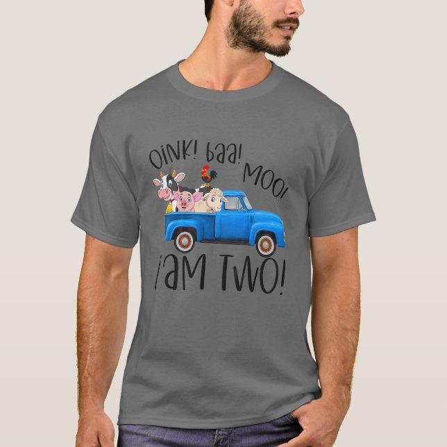 Kids Oink Baa Moo I Am Two Farm Animals Blue Truck T-Shirt (Vorderseite)