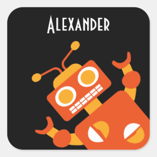 Kids Orange Black Robot Personalisiert Cool Modern Quadratischer Aufkleber