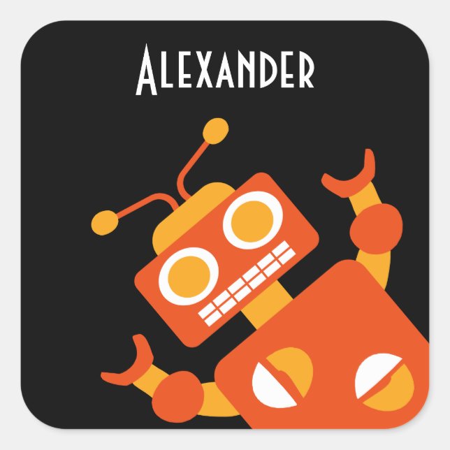 Kids Orange Black Robot Personalisiert Cool Modern Quadratischer Aufkleber (Vorderseite)