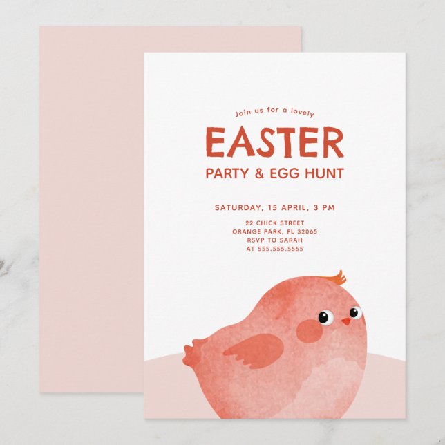 Kids OsterParty mit rosa Hühnchen Einladung (Vorne/Hinten)