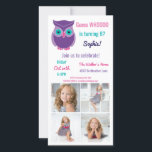 Kids Owl Birthday Party Foto Einladung<br><div class="desc">Kinder Owl Geburtstagsparty Süße Tier Custom Foto Einladung. Ratet mal, wer Geburtstag hat? Passen Sie diese farbenfrohe Eule-Themeneinladung in hübschem aquamarinen, lila und rosa Schriftart an. Eine lustige kleine Eule am oberen Ende und vier Fotos Ihrer Wahl, um das Geburtstagsmädchen hochzuladen. Personalisieren Sie Details für das Party, wann und wo...</div>