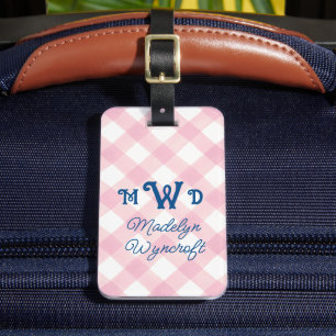 Kids Personalisiert Pink Monogram Gingham Bag Tag Gepäckanhänger