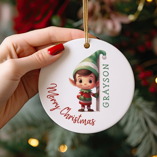Kids Personalized Elf Christmas Tree Keramik Ornament (Von Creator hochgeladen)